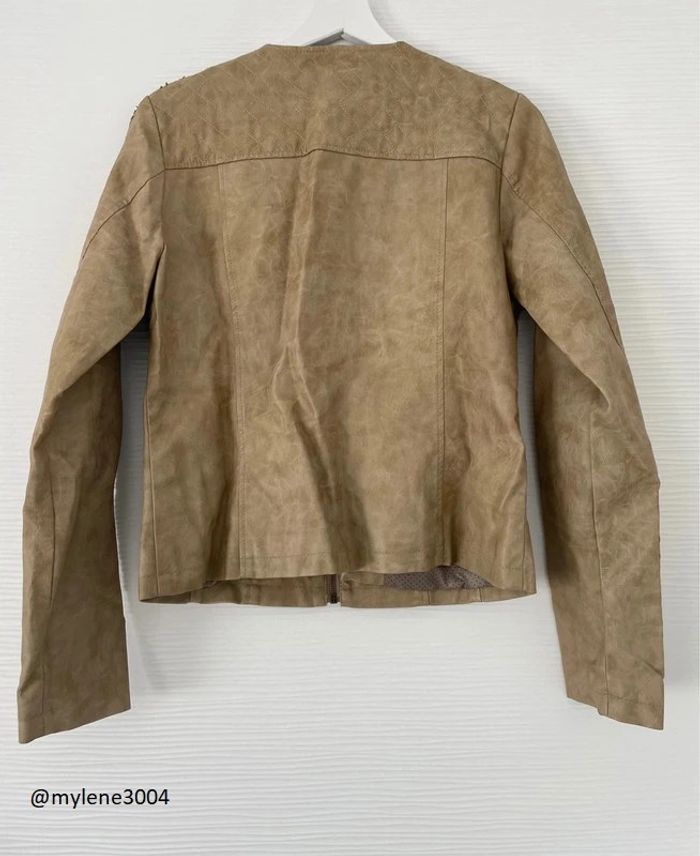 Veste perfecto classe similicuir beige marron camel avec poches et strass fermeture éclair - photo numéro 5
