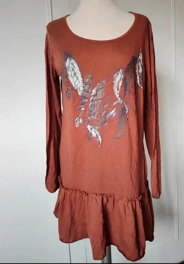 💎robe femme orange cuivré t M 38 imprimé plume look bohème