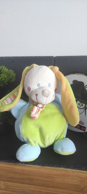 Doudou Lapin Boule Bleu Vert peluche mots d'enfants  écharpe Beige Orange Rayé