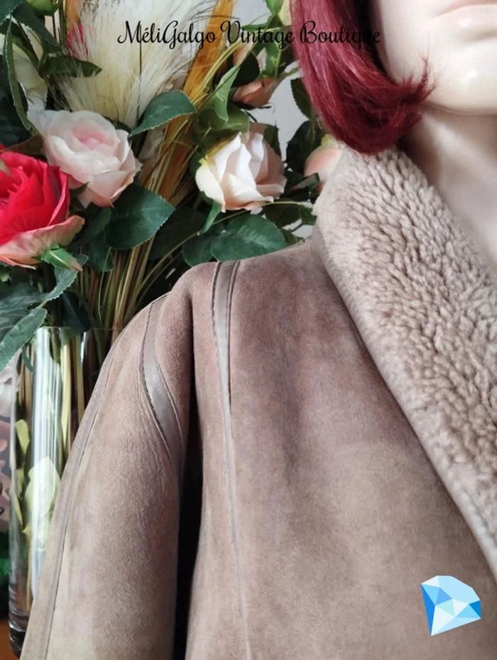 🌹 Manteau Cuir/Daim Velours Beige Clair Doublé Sherpa Vintage T40/42🌹 - photo numéro 4