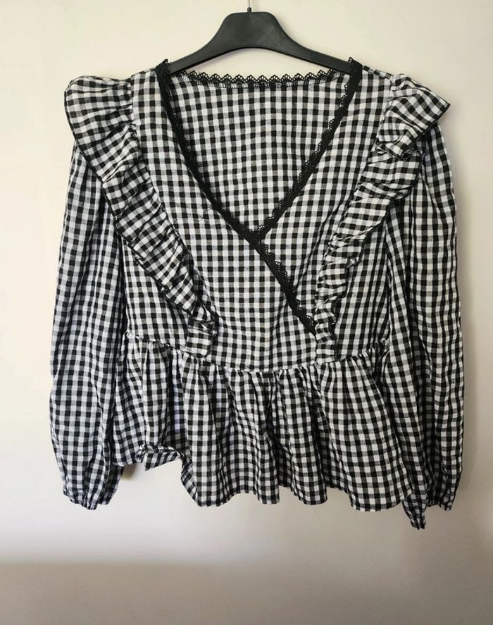 Blouse tee-shirt tunique manches longues blanches et noires carreaux 44 excellent état  Shein