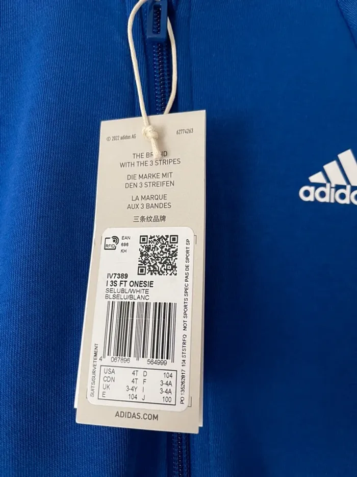 Combinaison / grenouillère adidas bleue avec bandes blanches taille 3-4 ans - photo numéro 3