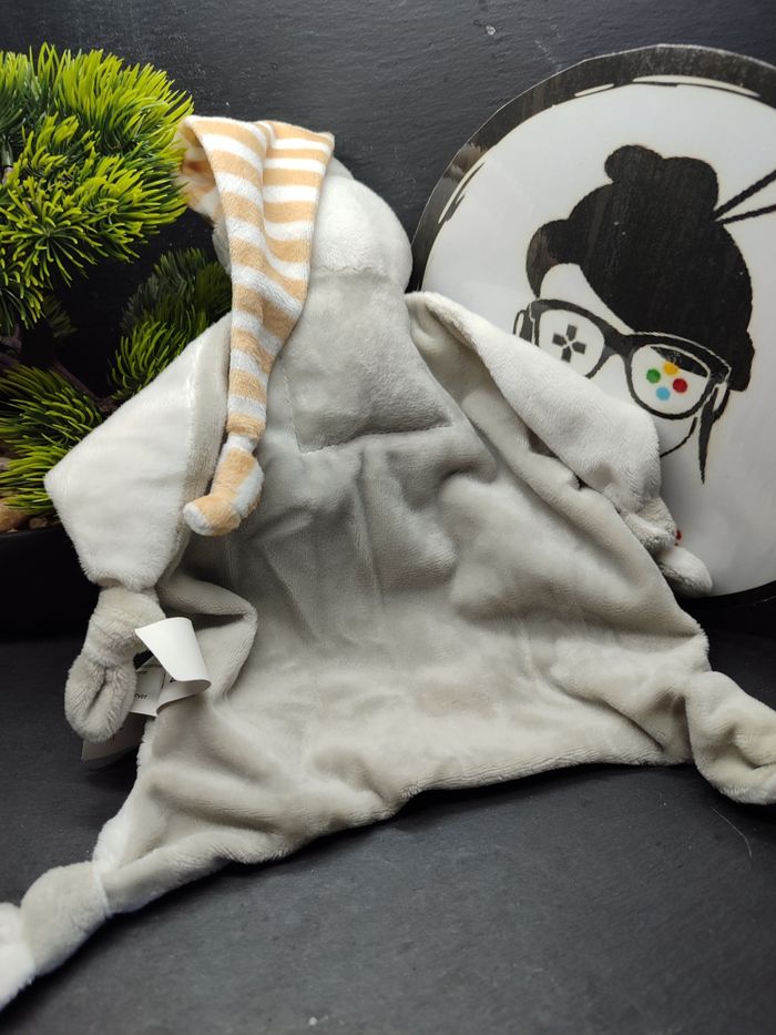 Doudou ours blanc gris marron rayé Crédit Mutuel Bonnet Rayure Beige Noeud - photo numéro 2