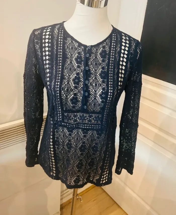 Nina Kaufmann, blouse top haut invisible dentelle bleue femme, taille 36/S - photo numéro 8