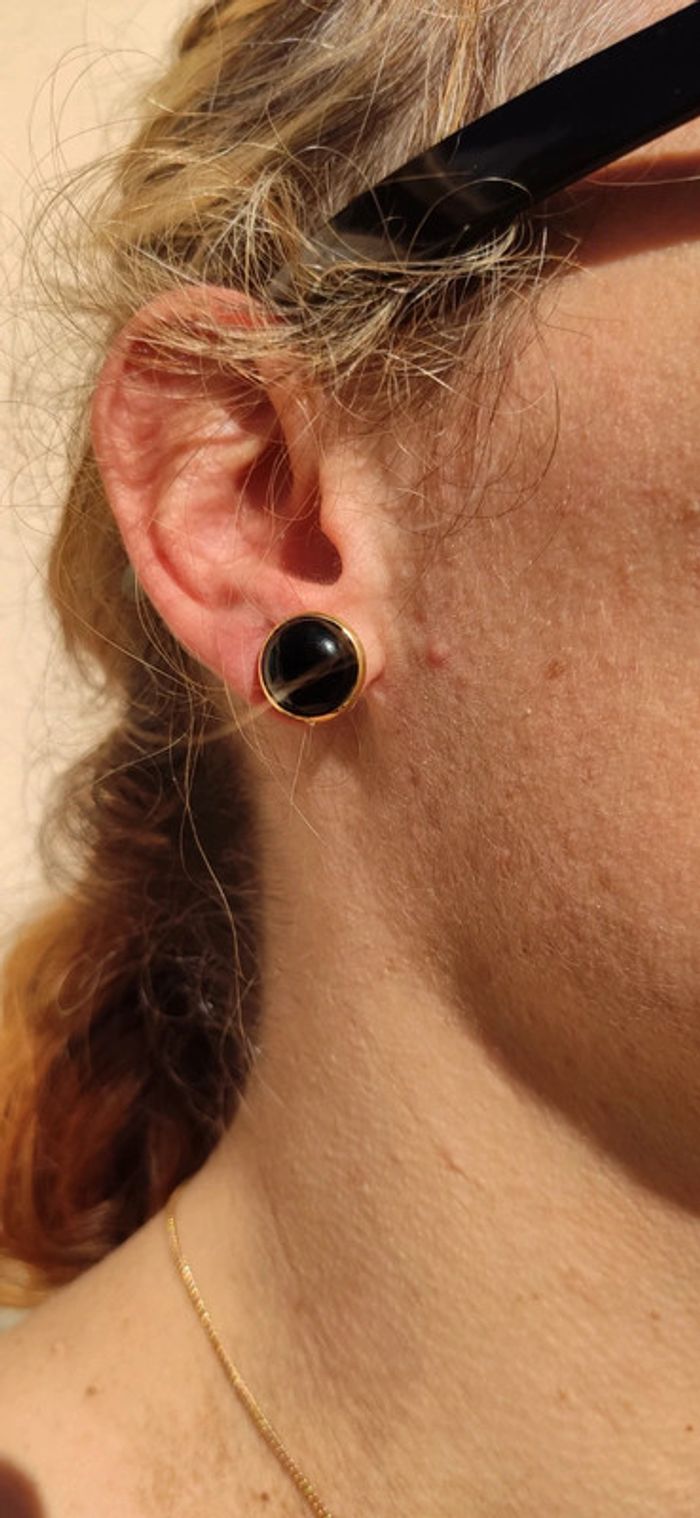 Boucles d'oreilles Clous plaqué or 18 en Obsidienne - photo numéro 4
