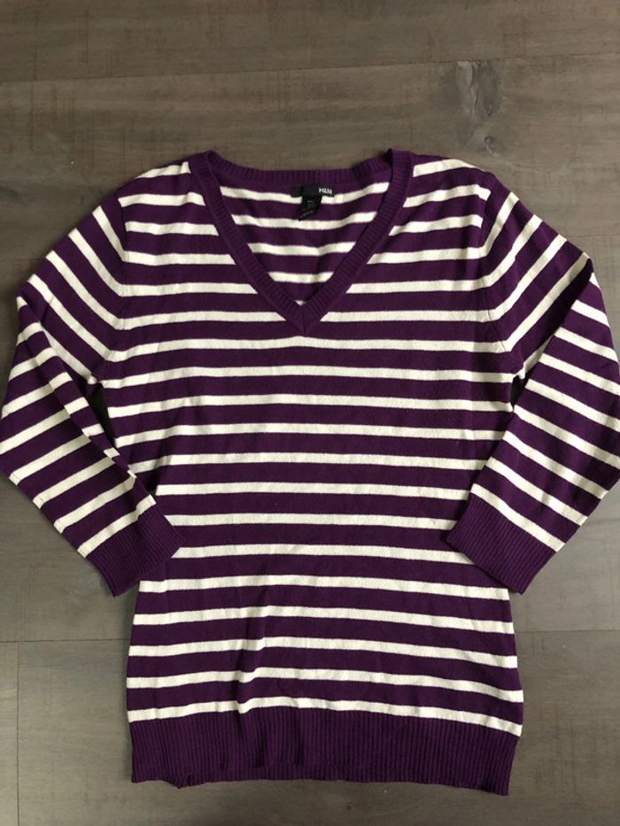 Pull rayé H&M manches 3/4 taille M violet/crème