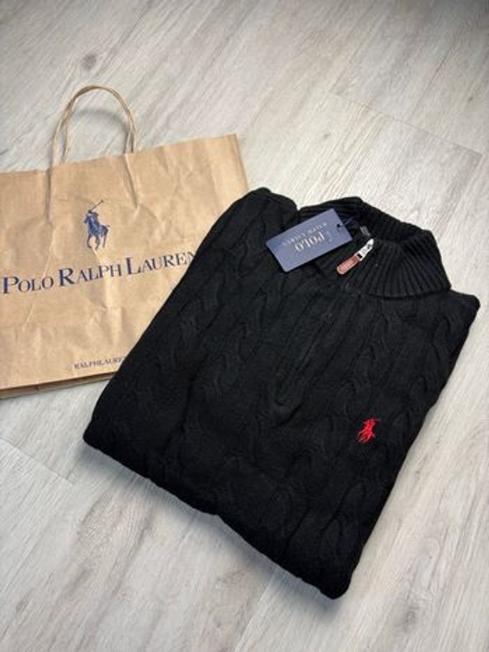 Torsadé Half zip demi zip Ralph Lauren col rond | Taille M hommes | Noir avec logo rouge