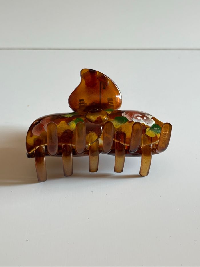 Pince à cheveux en plastique marron avec motif peint - photo numéro 3