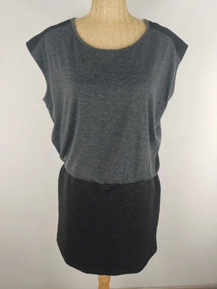 Robe bi-matière manches courtes noir argenté et gris taille 38 School Rag