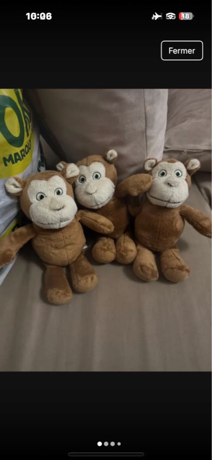 lot 3 peluches singe très bon état idéal triple