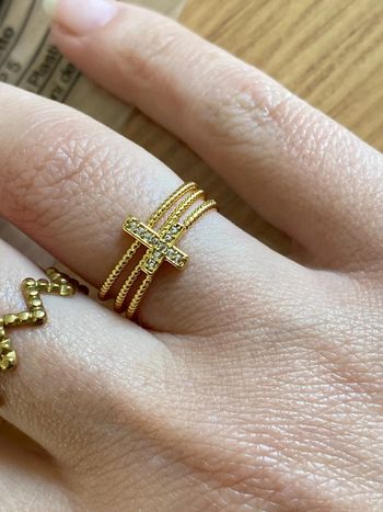 Bague acier inoxydable dorée zirconium croix