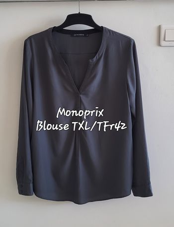 Monoprix Blouse TXL/TFr42-Gris-Col Tunisien avec décolleté-Manche Longue-Tissu Léger en TBE