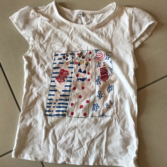 T-shirt blanc motifs transat avec paillettes 8 ans