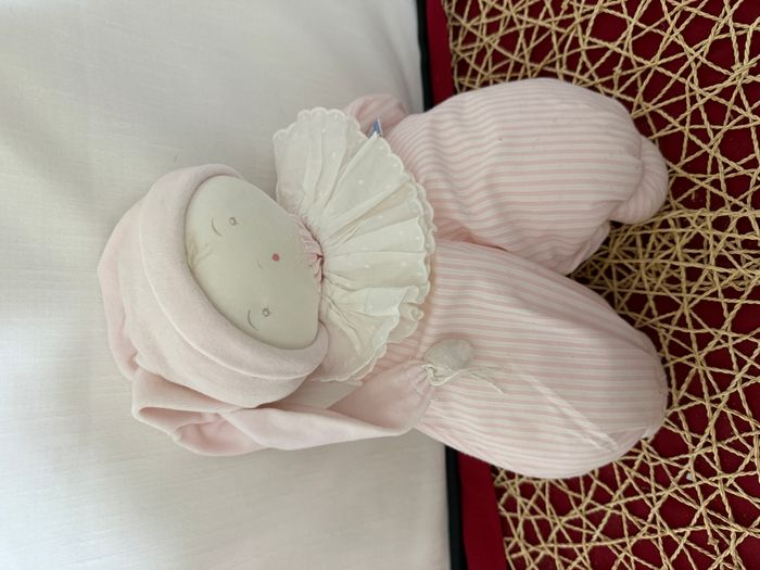 POUPEE LUTIN MOULIN ROTY DOUDOU ROSE RAYE COL BLANC GRELOT - photo numéro 6