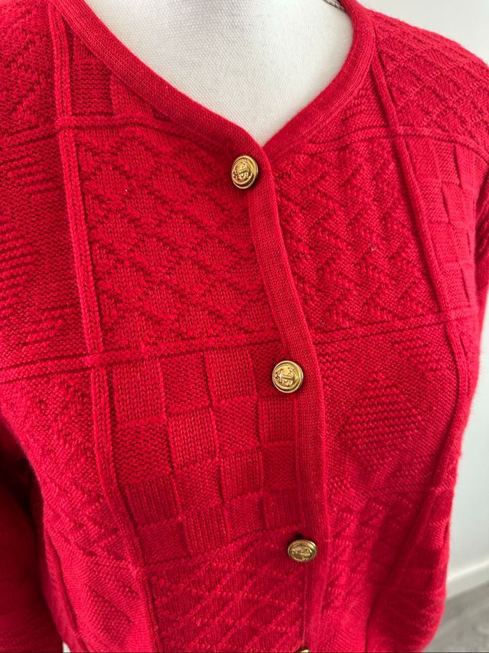 Cardigan en maille tricotée patchwork rose rouge Vintage T38 M - photo numéro 2