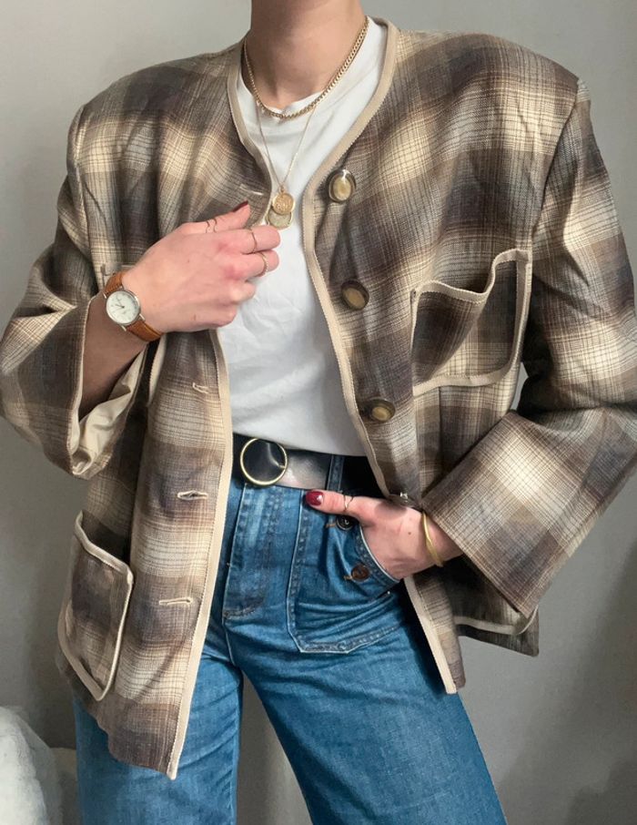 Veste droite rétro et oversize motif carreaux / rayure marron et beige