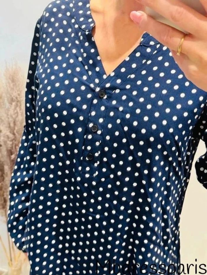 Jolie Blouse femme manches longues marine pois blanc T40 - photo numéro 3