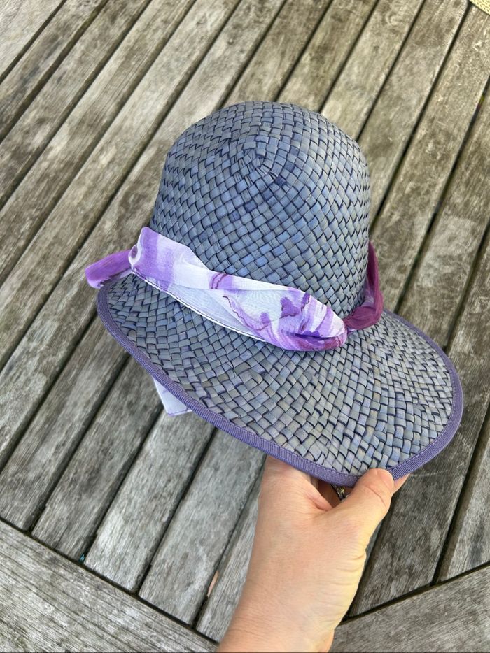 Chapeau de paille italien avec foulard - T.S - Violet et crème - photo numéro 2