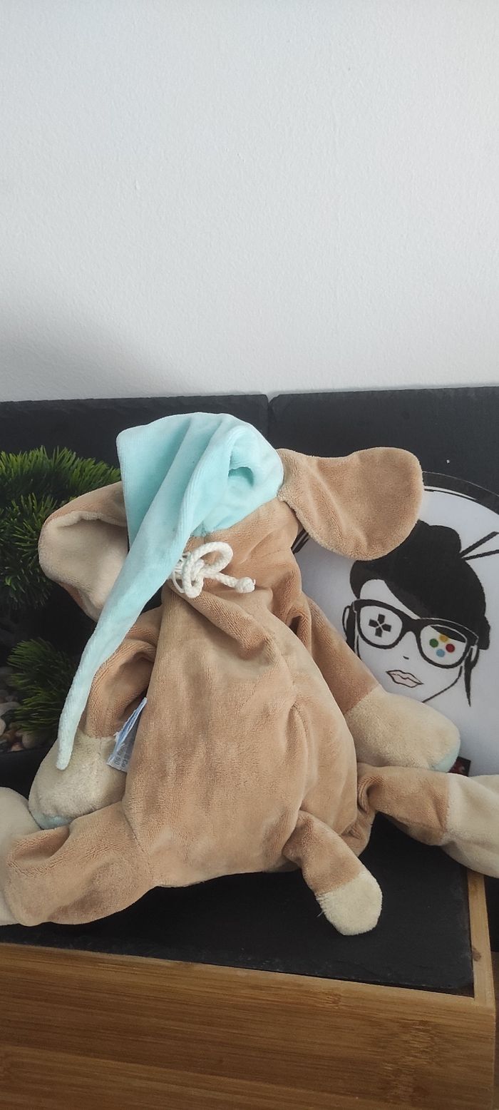 doudou peluche marionnette babiage cjien marron beige bonnet bleu turquoise ancien - photo numéro 2