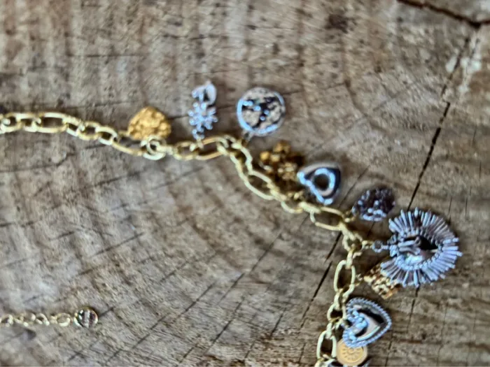 Collier mailles 2 tons or argent acier inoxydable breloques cœur ex voto noeuds médailles .. - photo numéro 8