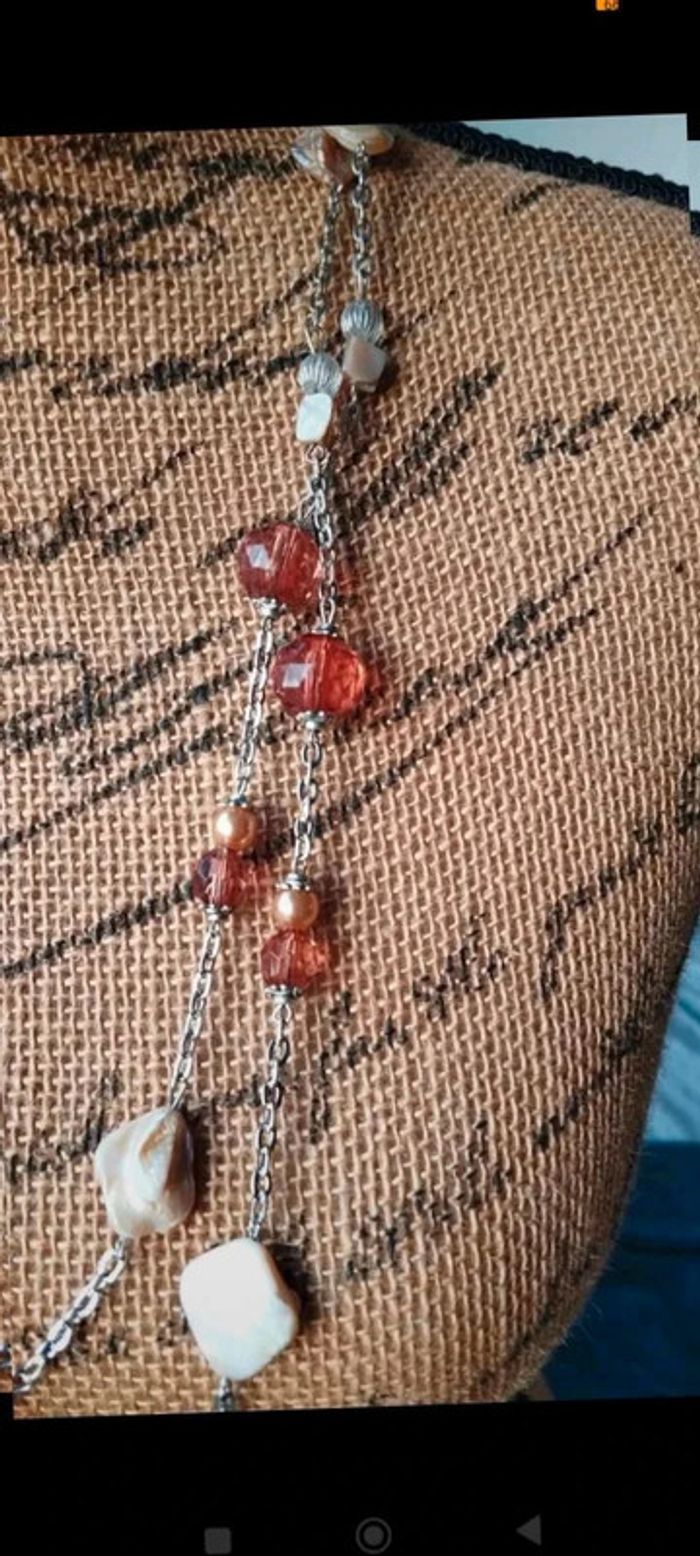 Sautoir  collier argenté  marron beige - photo numéro 5