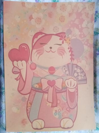 AFFICHE POSTER A3 JAPON CHAT PORTE BONHEUR MANEKI NEKO FOND MAT