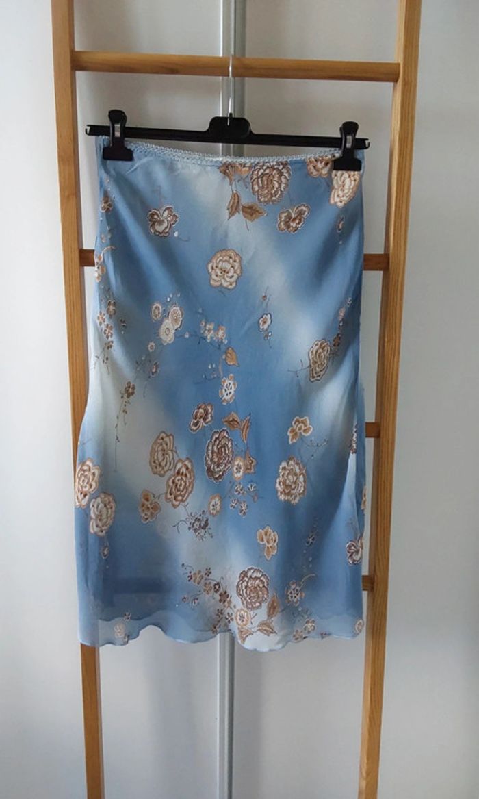 Superbe ensemble fluide Vintage bleu fleuri marron jupe et veste boléro T40 - photo numéro 11