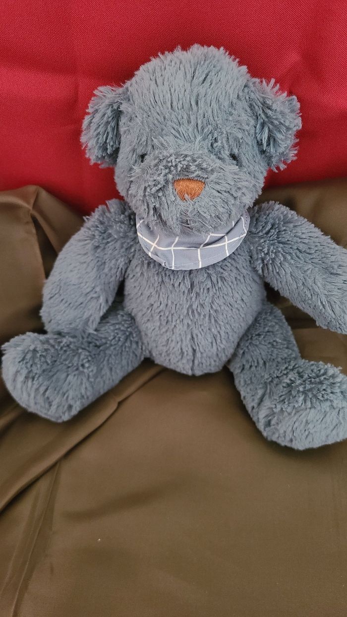Peluche doudou ours bleu pétrole bandana carreaux Becquet - photo numéro 2