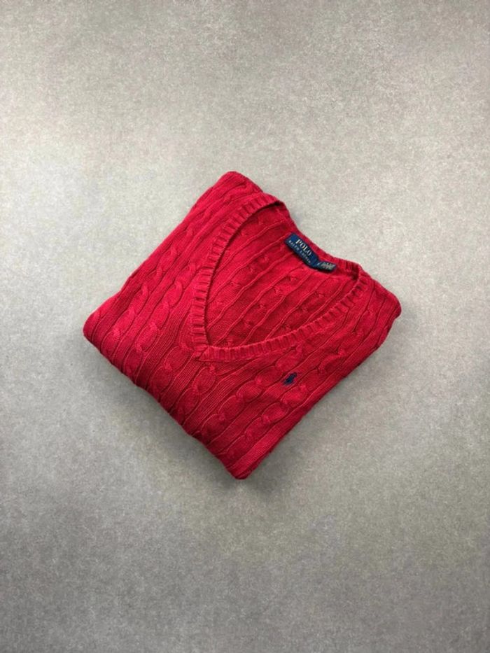 Pull d’hiver torsadé en maille Ralph Lauren rouge col V taille XL femme