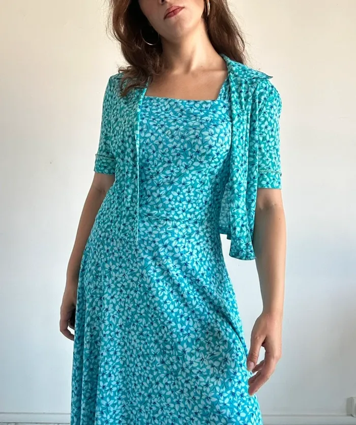 Ensemble robe et boléro vintage bleu à fleur taille S/M - photo numéro 5