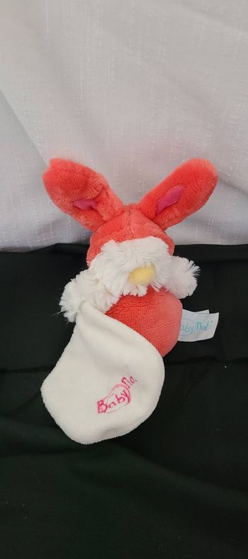 DOUDOU BABY NAT POUSSIN OISEAU CAPUCHE LAPIN OEUF ROUGE ROSE MOUCHOIR BLANC