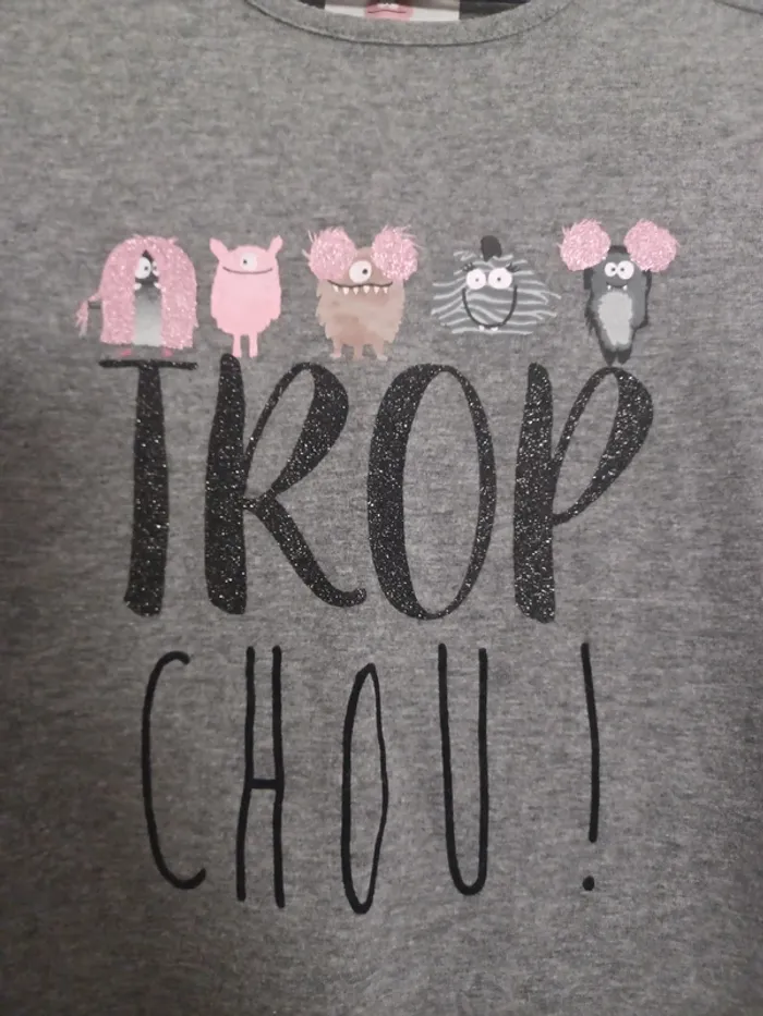 Haut de pyjama ETAM Gris avec inscription " Trop chou !" Taille XS Neuf avec étiquette - photo numéro 3