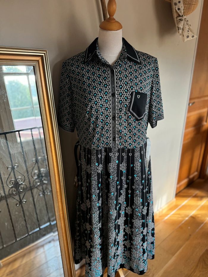 Robe Cintrée Bleu Marine avec Motifs Blancs et Ceinture Vintage Années 80 - photo numéro 5