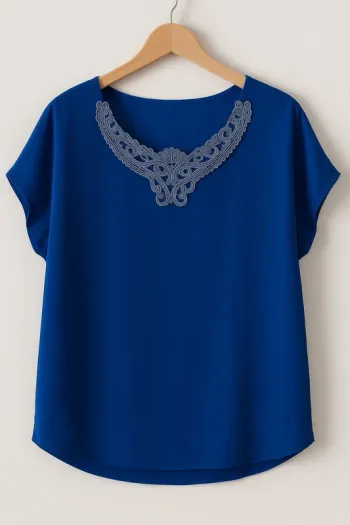 Blouse bleue fluide à col brodé - Taille L