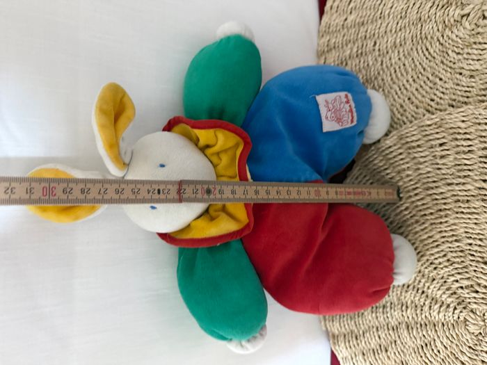 Ancien doudou Lapin bleu rouge vert 35 cm Moulin Roty - photo numéro 3