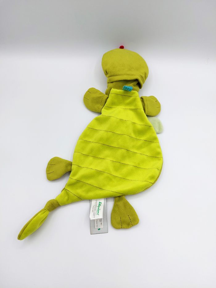 Doudou plat dragon vert Lilliputiens marionnette 40 cm attache tétine - photo numéro 3