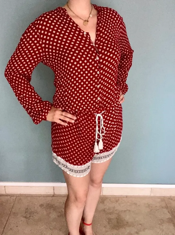 Combi-Short Rouge à Motifs Blancs S