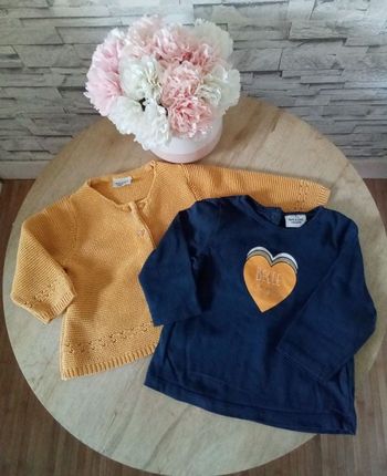 Gilet moutarde+ tee shirt marine imprimé TAO 6 mois