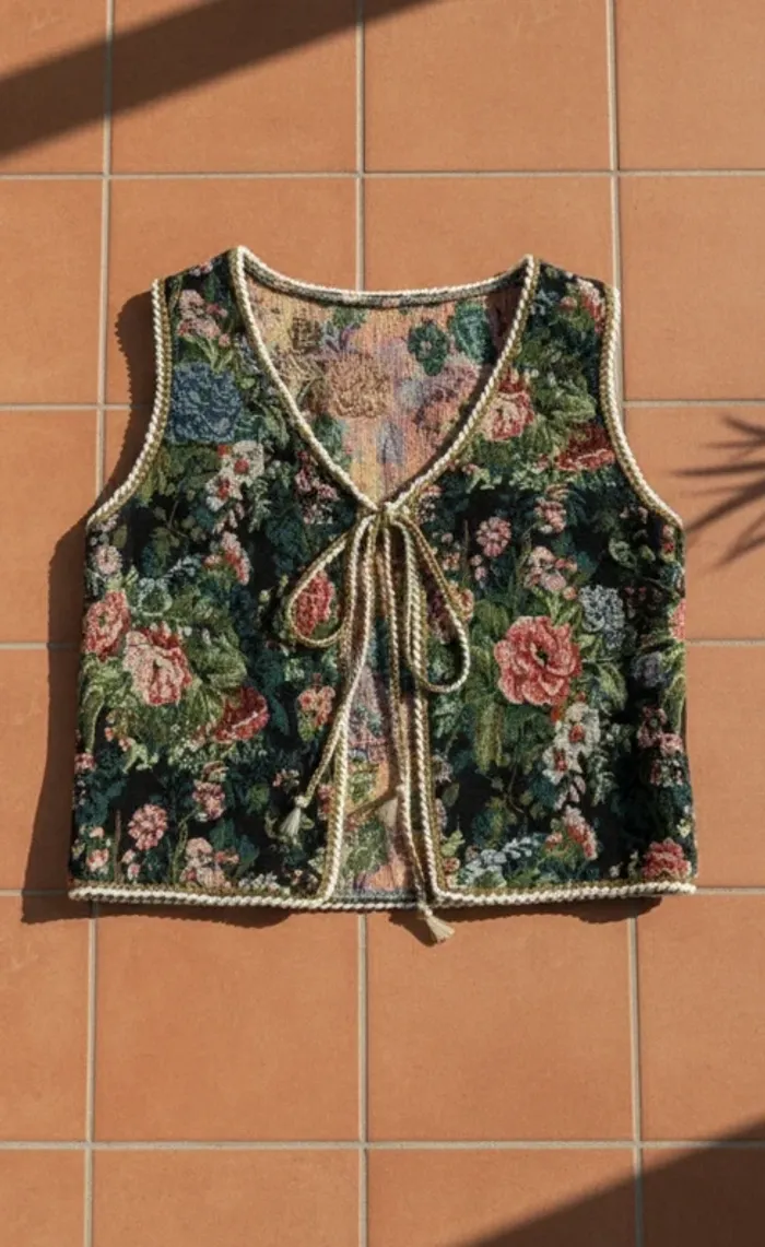 Gilet sans manches fleuri, lien, taille S, style bohème vintage chic