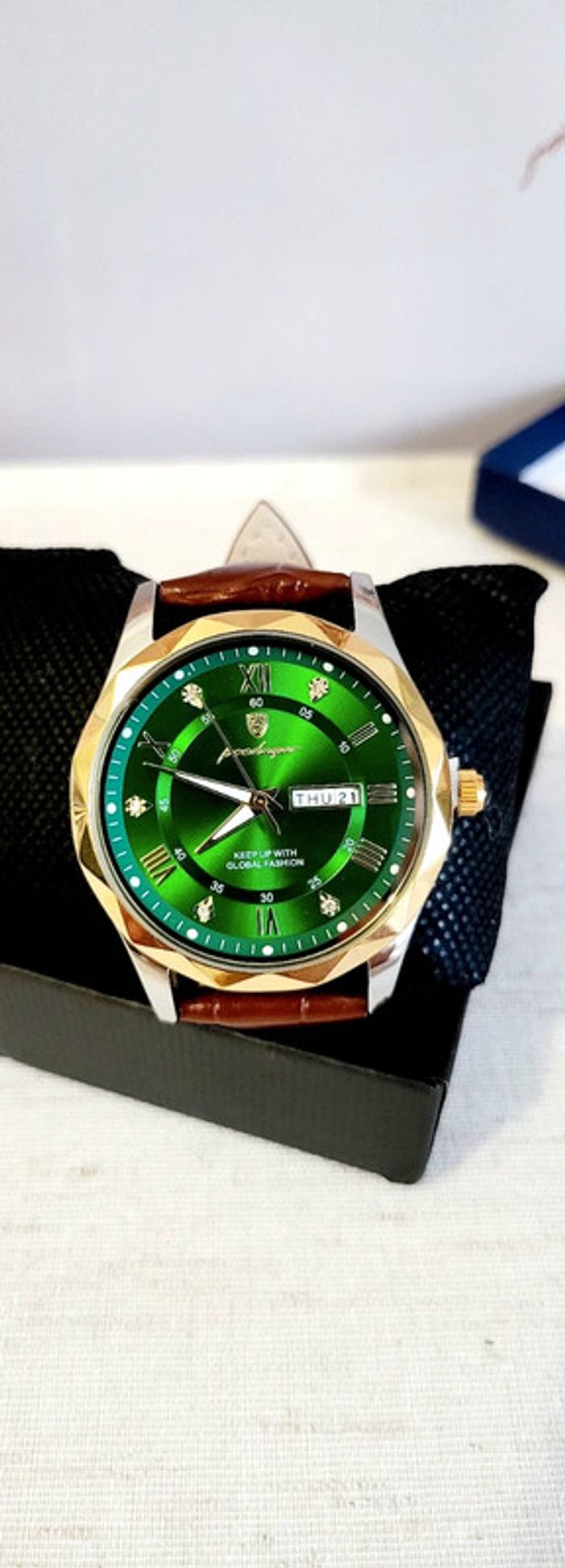 Montre homme Poedagar – cadran vert & bracelet cuir - photo numéro 3