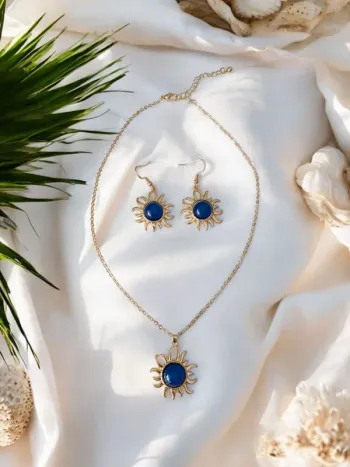 Parure collier et boucles d'oreilles  - soleil bleu - acier inoxydable - tendance bohème 🌊
