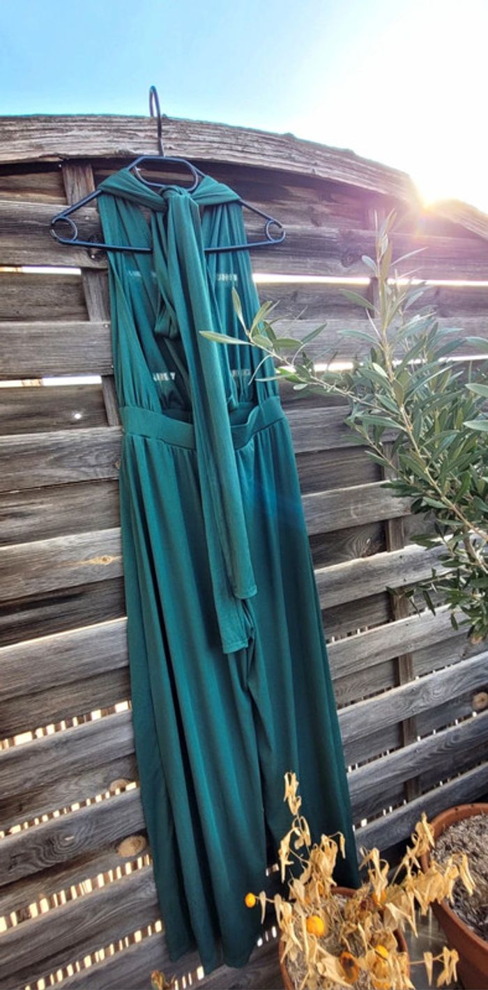 Magnifique combinaison Bohême Chic dos nu longue vert foncé nœud multi solutions taille M Neuf - photo numéro 5
