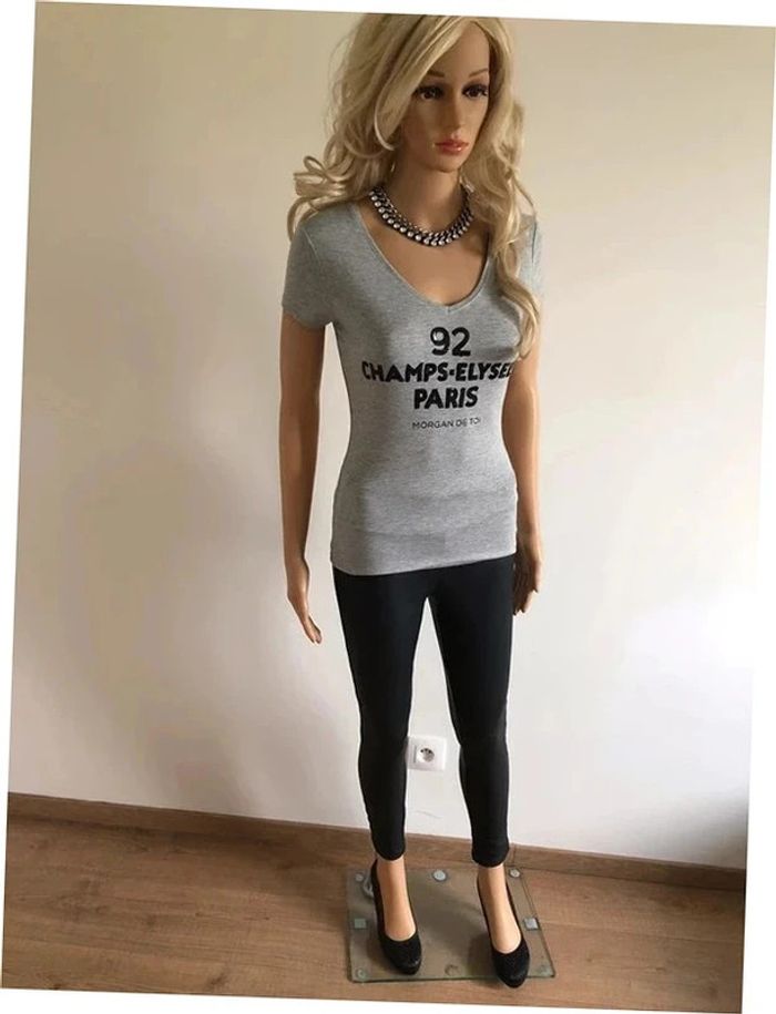 Teeshirt gris neuf à manches courtes avec sequins noirs Morgan taille XS - photo numéro 4