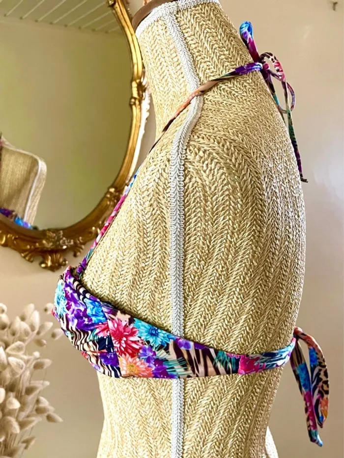 sublime Haut de bikini bandeau fleurs multicolores imprime animal bretelle amovible neuf - photo numéro 5