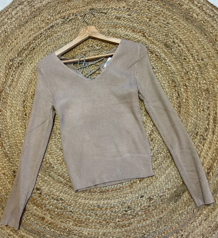 Haut col V côtelé beige TU