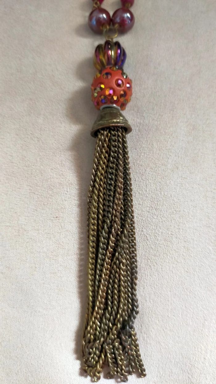 Collier vintage à pampille bronze – Perles prune & métalliques – Style bohème chic - photo numéro 11