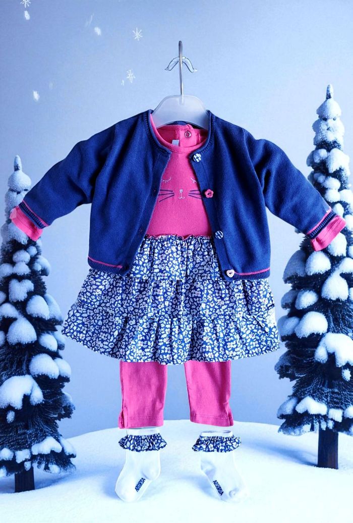 ABSORBA - NEW - ENSEMBLE 5P BÉBÉ FILLE MOTIF LIBERTY, VOLANTS & TÊTE DE CHAT 3M - photo numéro 2