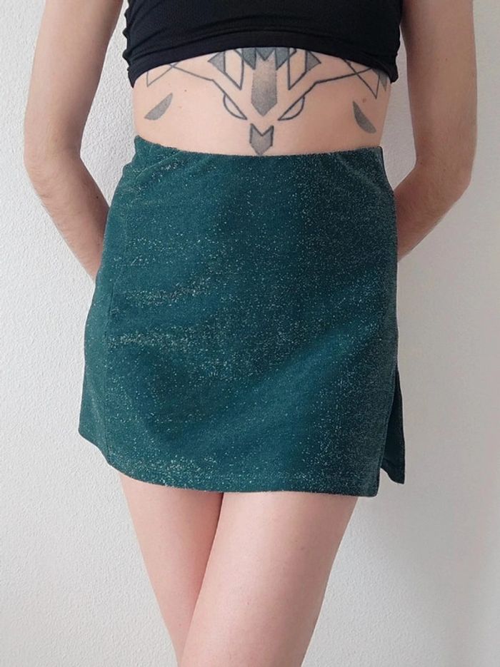 Mini jupe fendu paillettes vert foncé / Pull & Bear - 36/S à 38/M - photo numéro 2