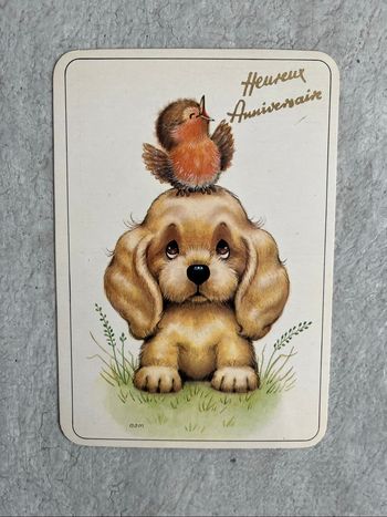 Lot 2 cartes heureux anniversaire chien avec oiseau