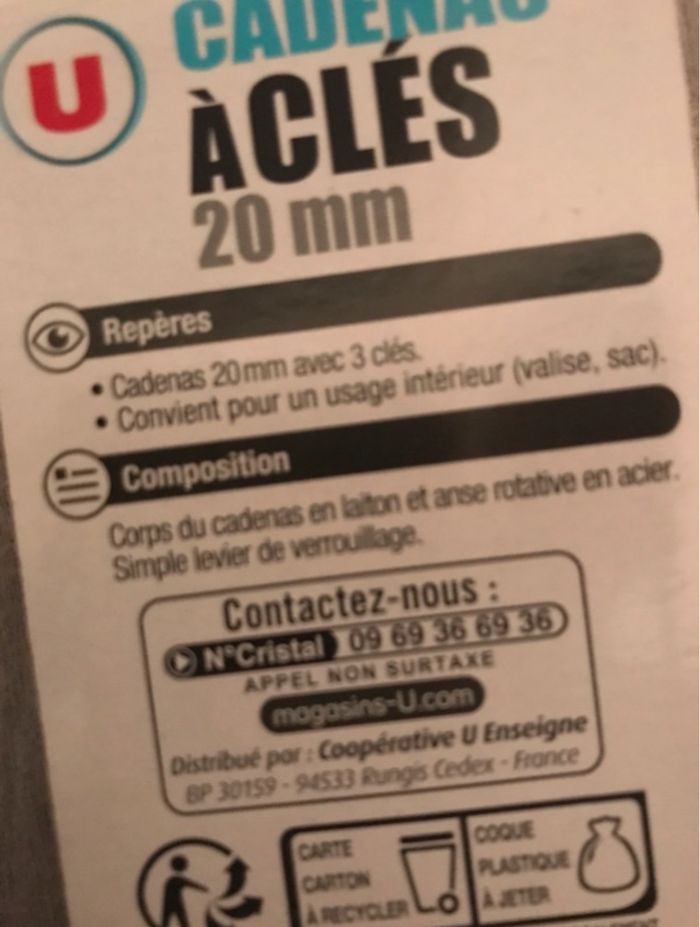 cadenas 20 mm avec 3 clés marque u sous blister neuf pour valise, casier etc - photo numéro 3